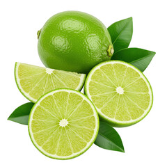 Fresh lime with slices and leaves isolated on transparent background