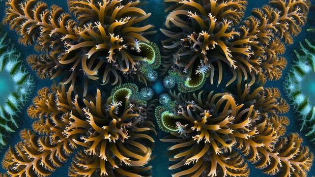 Vibrant abstract coral fractal pattern with symmetrical aquatic forms creating a mesmerizing underwater kaleidoscope of organic textures and rich colors
