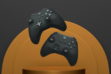 Colorful gaming controllers joystick levitating over podium against abstract background, minimalist concept device on pedestal