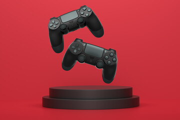 Colorful gaming controllers joystick levitating over podium against abstract background, minimalist concept device on pedestal