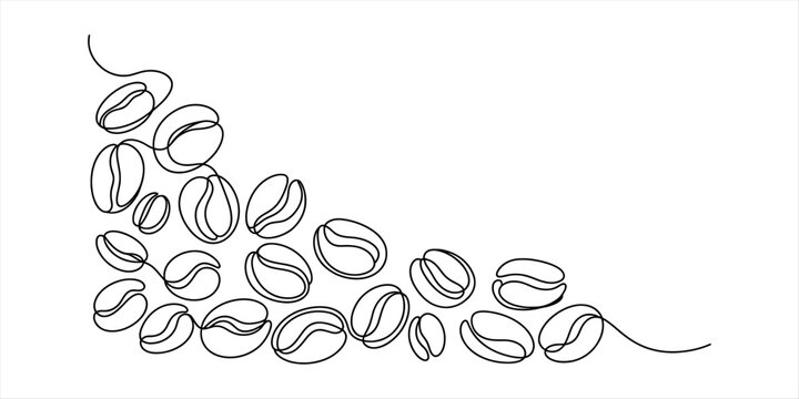 Minimalist single line art drawing featuring coffee beans arranged in a decorative corner frame Vector, illustration