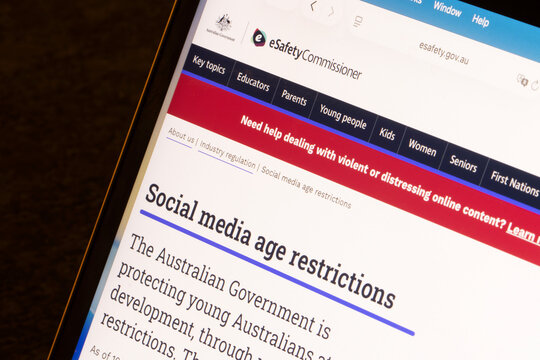 Portland, OR, USA - Dec 18, 2025: Webpage for social media age restrictions is seen on the website of the Australian government's eSafety Commissioner.