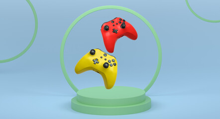Colorful gaming controllers joystick levitating over podium against abstract background, minimalist concept device on pedestal
