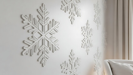 Illustration of white snowflakes decorations on a wall in a room with a bed and curtains