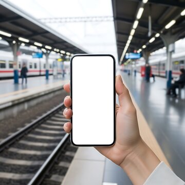 Hand holding smartphone with white screen at train station platform
