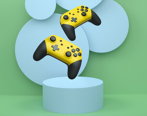 Colorful gaming controllers joystick levitating over podium against abstract background, minimalist concept device on pedestal