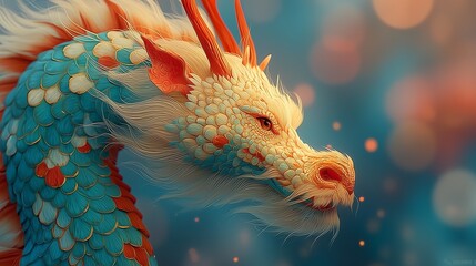 Majestic Asian Dragon in Vibrant Blue and Orange with Ethereal Background