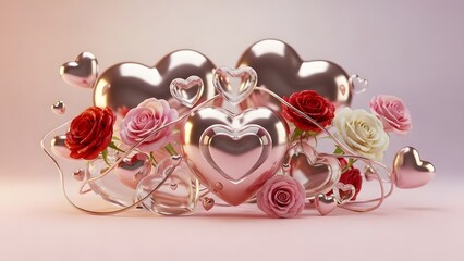 Metallic heart shapes and roses with shiny wires on pink and grey gradient background