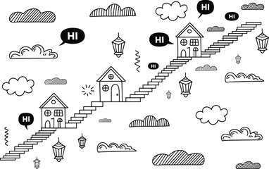 Black and white of houses with stairs and clouds and speech bubbles