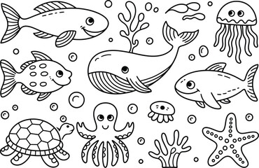Black and white of various sea creatures and underwater ocean animals fish