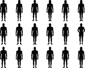 Black silhouettes of people standing in various poses on white background