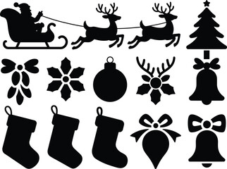 Black silhouettes of santa claus sleigh reindeer christmas tree snowflakes ornaments bells stockings gifts