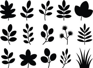Black silhouettes of various leaves and plants on white background