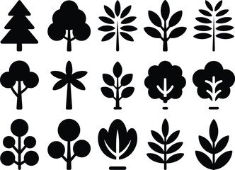 Black silhouettes of various trees and plants on white background