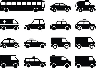 Black silhouettes of various vehicles on white background