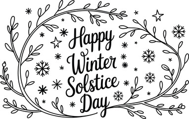 Happy Winter Solstice Day black text with snowflakes and leaves on white stars