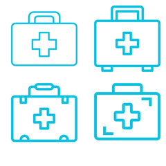 Obraz premium Four blue outline icons of first aid kits, each featuring a handle and a prominent cross symbol, set against a white background.