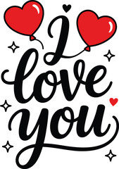 Red heart balloons tied to I love you text with sparkles