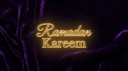 Ramadan Kareem glowing text on a dark purple background religious holiday greeting.