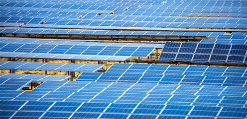 Solar panel fields in large quantities. Solar panels as alternative energy sources safe for the environment. © Vera
