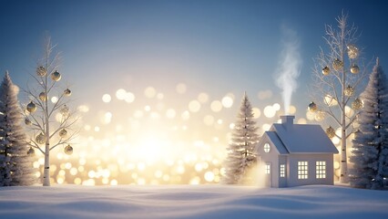 A cozy white cottage with a smoking chimney glows warmly amidst snowy trees decorated with festive golden ornaments
