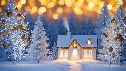 A cozy white cottage with a smoking chimney glows warmly amidst snowy trees decorated with festive golden ornaments