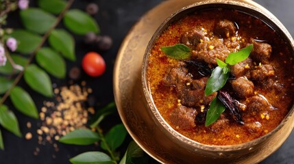 Rich and Spicy Curry in Brass Bowl with Fresh Herbs and Vibrant Ingredients on Dark Background