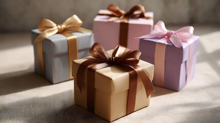 Fototapeta premium Four pastel and neutral colored gift boxes with ribbons and bows are arranged on a surface in soft sunlight