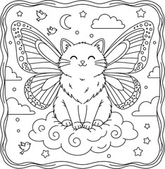 Obraz premium Cute Fairy Cat with Butterfly Wings Sitting on Cloud Illustration, Magical Kitten in Night Sky with Moon and Stars, Black and White Line Art Coloring Page 