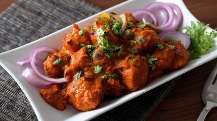 Fototapeta premium Delectable Spicy Chicken Dish Garnished with Fresh Herbs and Onions on a White Serving Plate