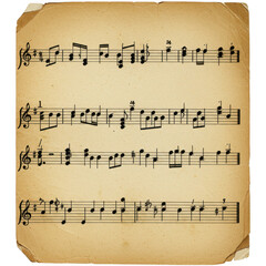 Vintage sheet music on aged paper isolated on transparent background