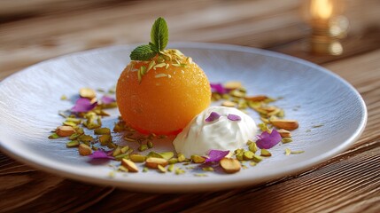Vibrant Orange Dessert with Cream and Garnishes on Rustic Wooden Table