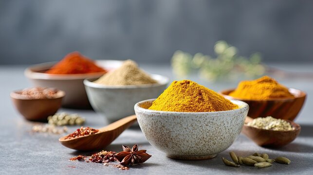 Assorted Vibrant Spices in Wooden Bowls on a Gray Table for Culinary Cooking and Flavor Enhancement