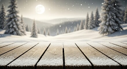 Wooden table in snowy forest with soft sunlight and falling snow