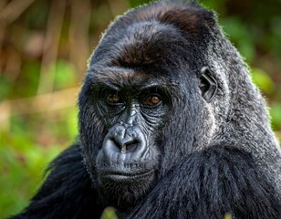 Obraz premium Close-up of a majestic silverback gorilla, gazing intently, surrounded by nature