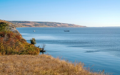 Scenic view of the Volga open spaces in the autumn sunny day.