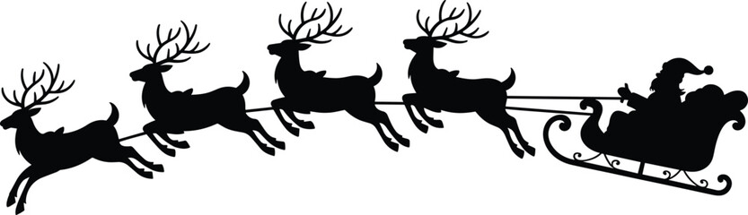 Santa Claus silhouette flying with reindeer, Christmas sleigh vector, festive holiday icon, winter season celebration, black and white illustration, traditional Xmas art
