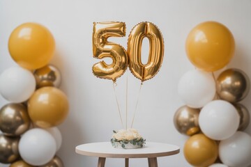 Golden balloons displaying the number 50 are elegantly arranged on a table surrounded by festive decorations, creating a celebratory atmosphere for a milestone event