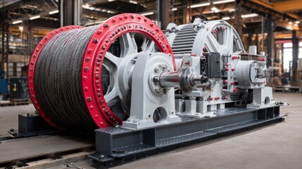 Fototapeta premium Elevator traction machine on a robust steel base, featuring large winding drums and intricate mechanical components, showcasing industrial engineering and design