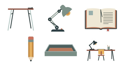 A collection of flat design illustrations showing various office and study items including a desk, lamp, open book, pencil, and an empty tray.