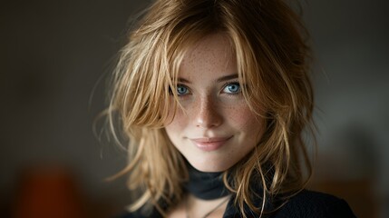 Fototapeta premium Sun-Kissed Freckles: Effortless Blonde Waves with Blue Eyes