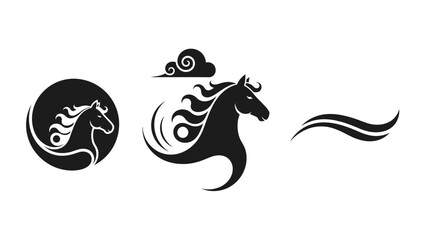 Three stylized black horse head logos with flowing manes and abstract elements on a white background. © renender