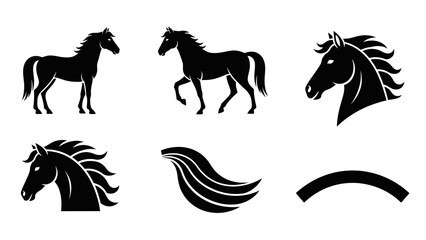 Vector set of black horse silhouettes, featuring full body views, detailed head profiles with flowing manes, a standalone mane element, and a simple curved line. © renender