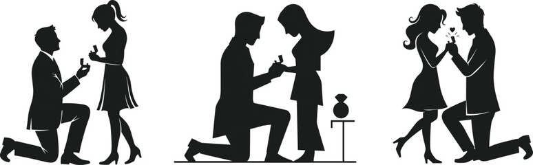 Marriage proposal silhouettes, romantic couple vector, engagement moment illustration, kneeling man with ring, love commitment concept, isolated black design