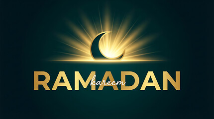 Ramadan Kareem golden text with crescent moon and glowing light on dark background.