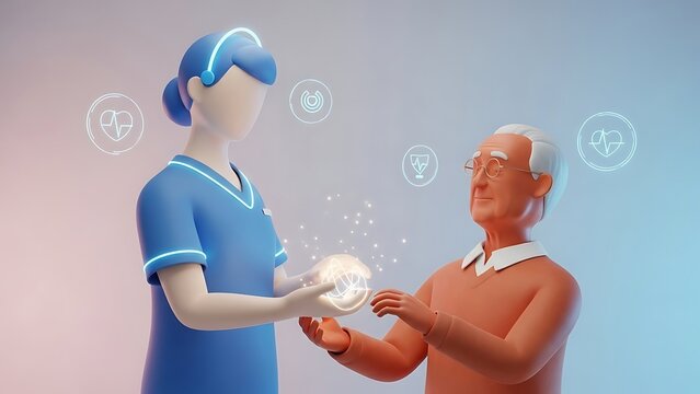 nurse and patient with glowing orb and medical icons around them - Powered by Adobe