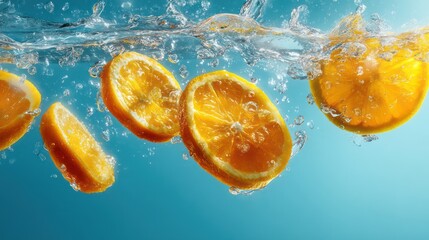 Multiple citrus slices spin midair surrounded by frozen arcs of sparkling water. Droplets sparkle like crystals under bright controlled