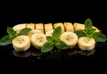 Fresh sliced bananas with green mint leaves on reflective black surface