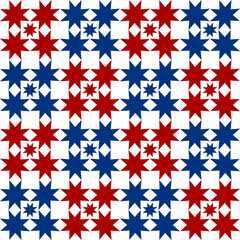 Red and blue and white squares, seamless pattern with blue repeat stars, replete image in checkerboard template design for fabric printing