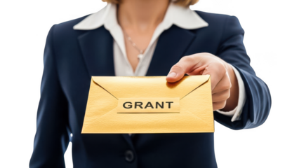 Businesswoman holding out a grant envelope isolated on transparent background